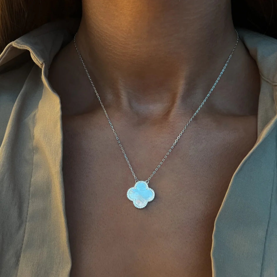Sterling Silver Zoey White Iced Clover Necklace Adascious Empire