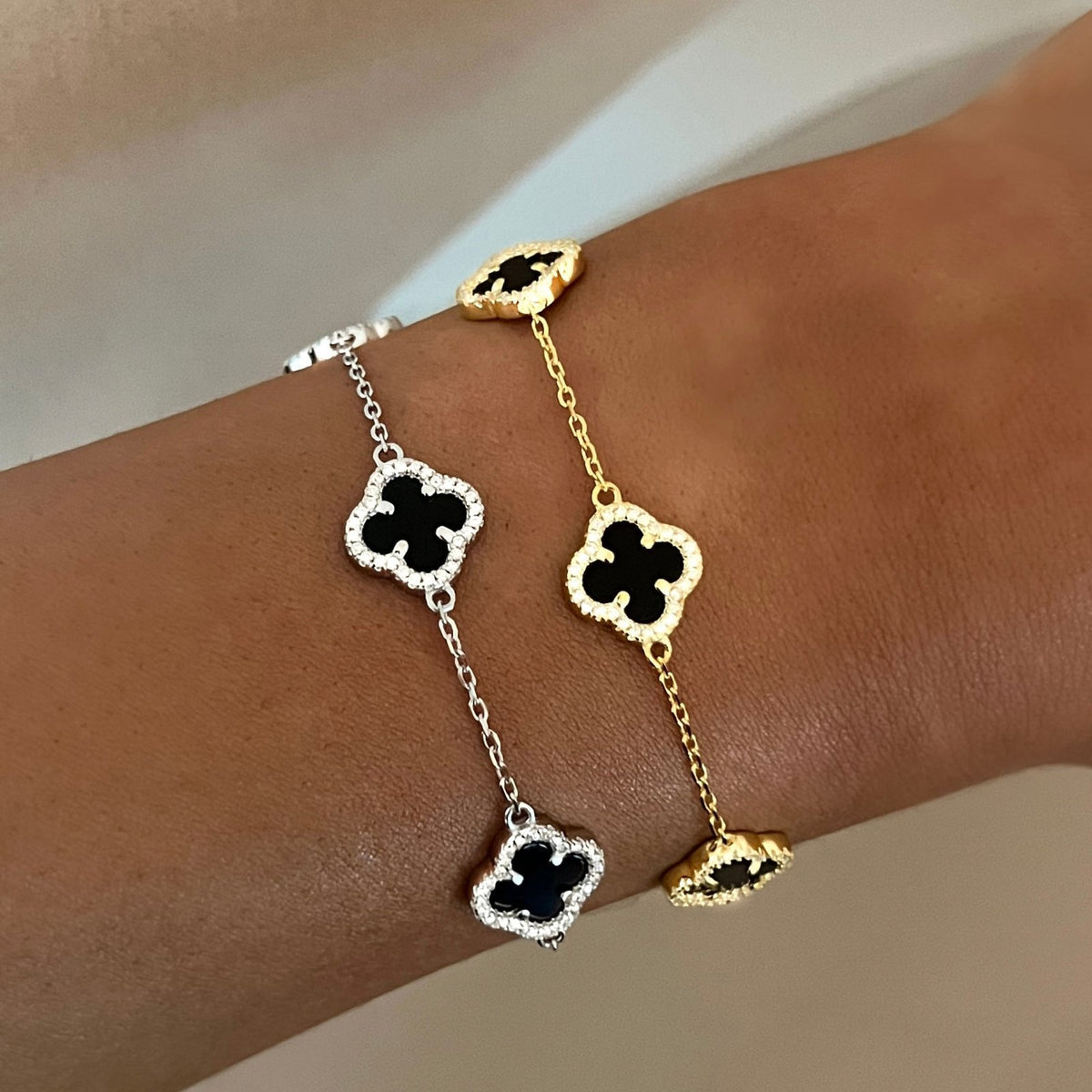 Stone Filled 18k silver Plated Black Clover Bracelet Adascious Empire