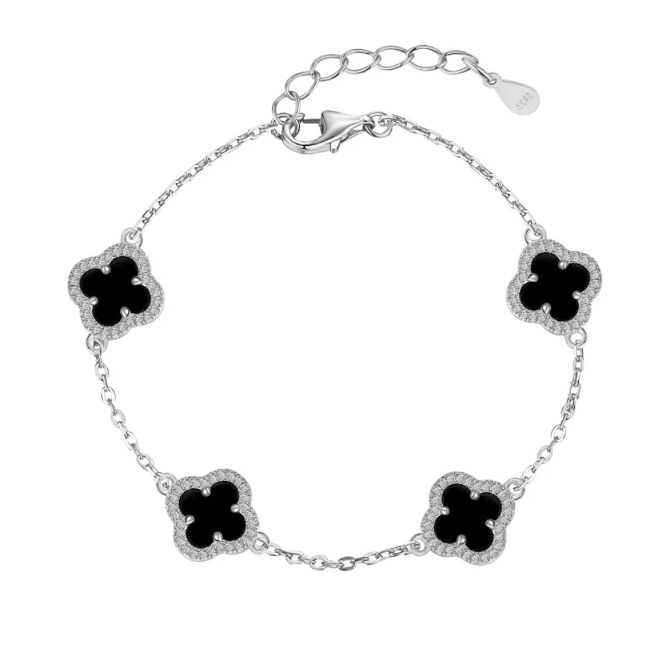 Stone Filled 18k silver Plated Black Clover Bracelet Adascious Empire