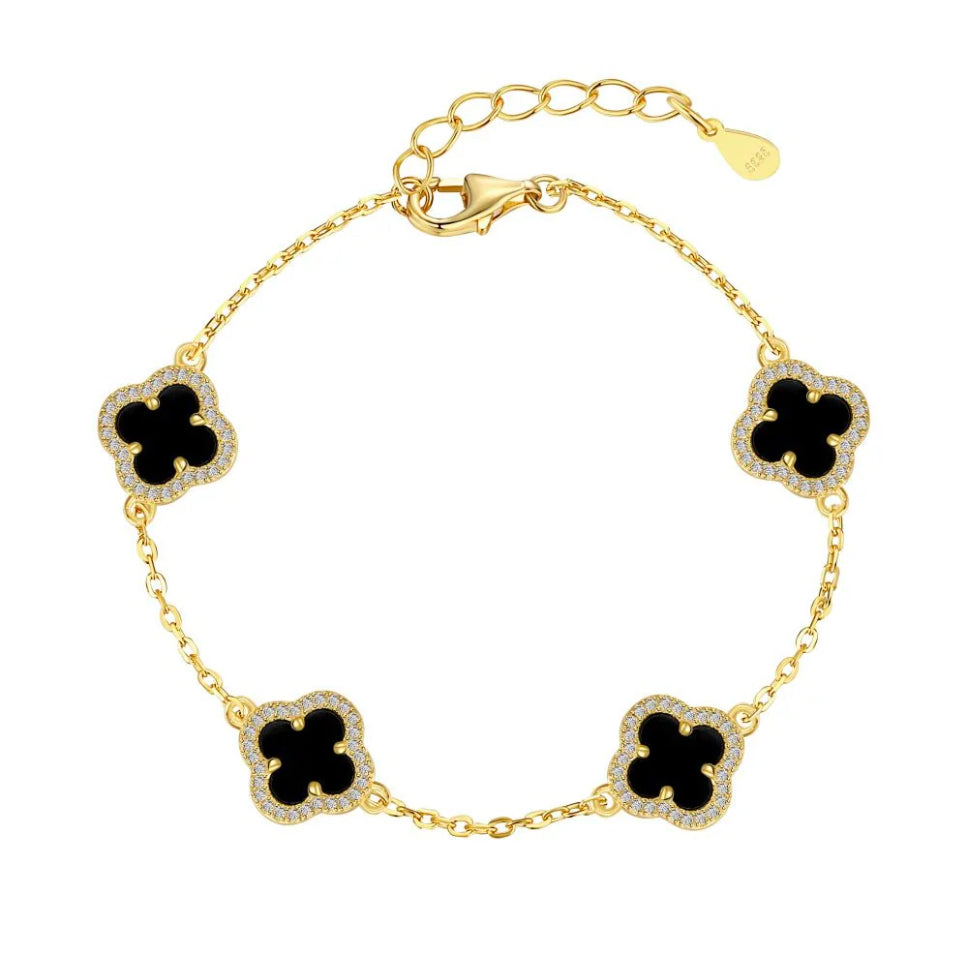 Stone Filled 18k Gold Plated Black Clover Bracelet Adascious Empire