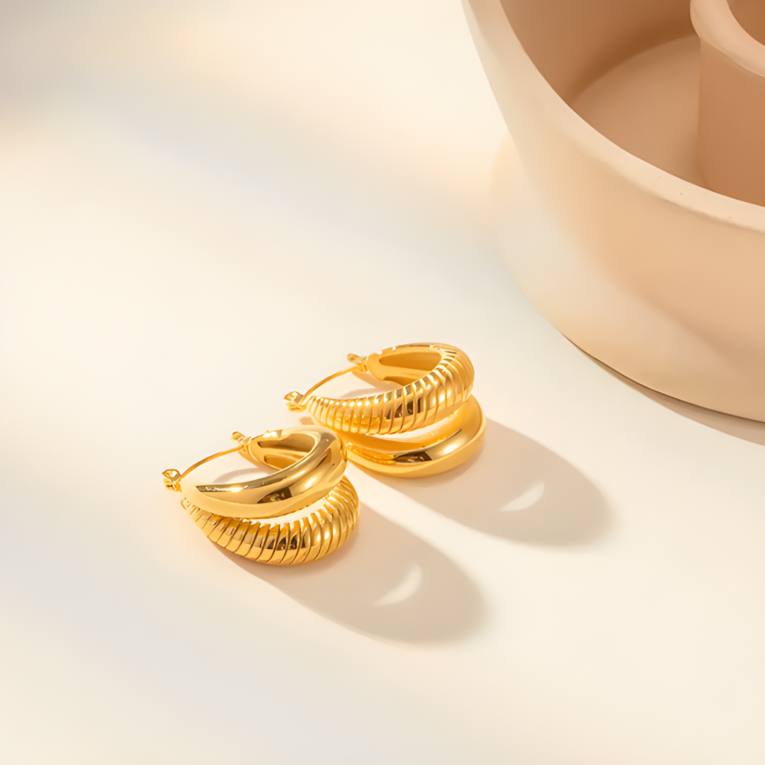 Pricia Gold Huggie Hoop Earring Double Stripe Panel