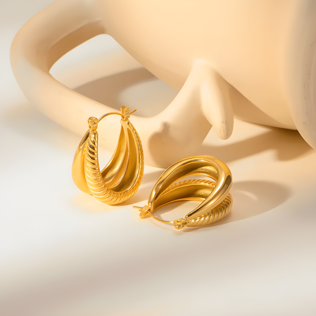 Pricia Gold Huggie Hoop Earring Double Stripe Panel